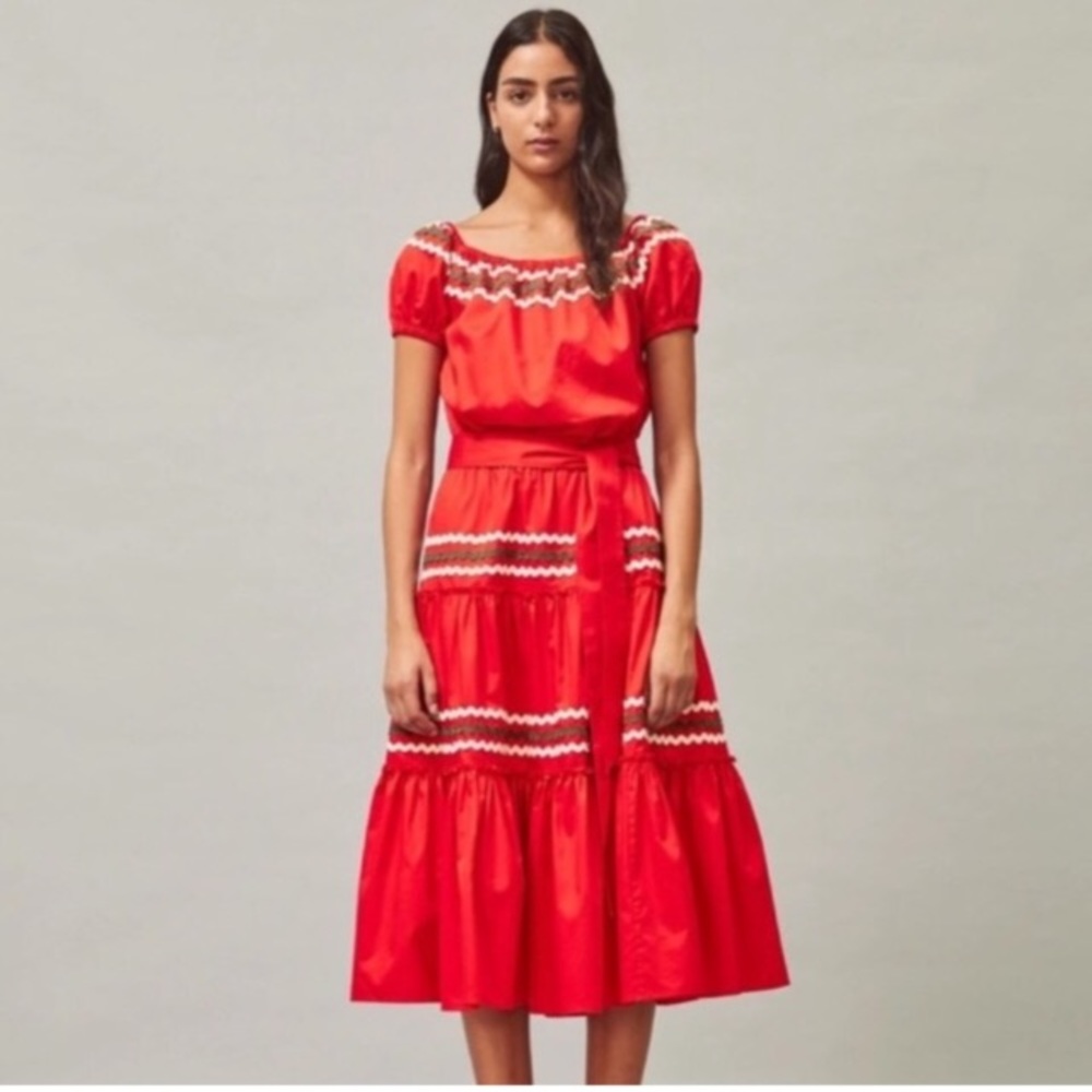 Tory Burch Embroidered Peasant Midi Dress Red Tie Waist Cotton Rickrack Runway